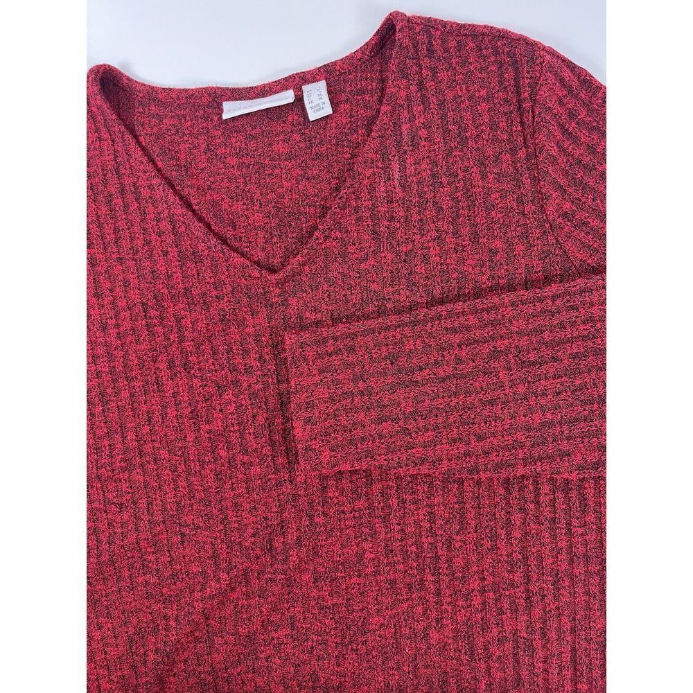 Susan Graver Top L V-Neck Long Sleeve Red Black Tunic Casual Stretch Career